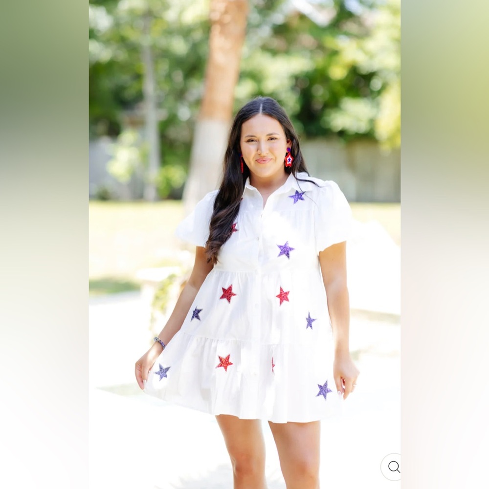 Perfect 4th Dress!!! Flyboutique white star sequin patch button down dress